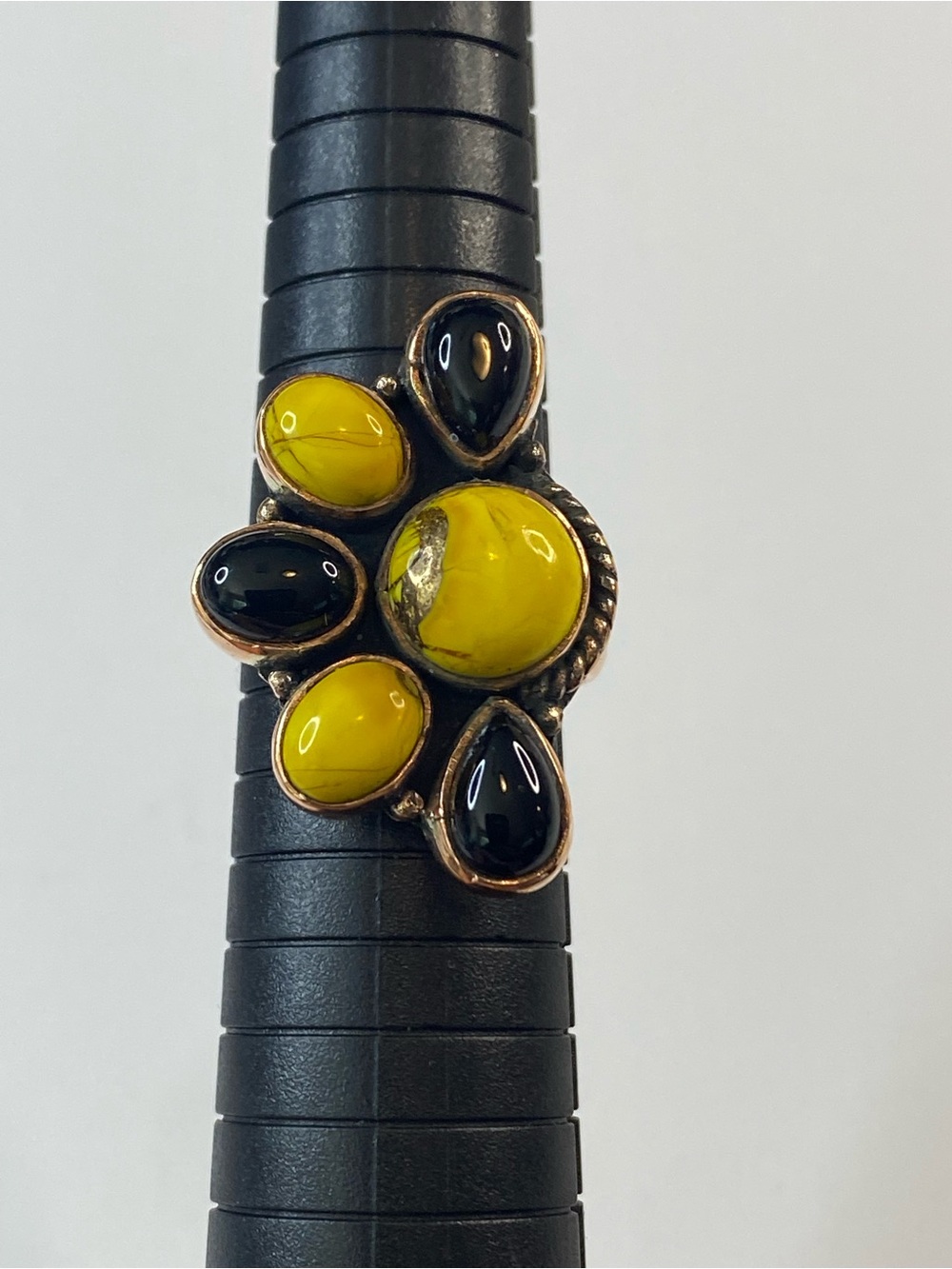 Solid Copper Black Onyx Bumblebee Jasper Adjustable Ring Southwest Jewelry
